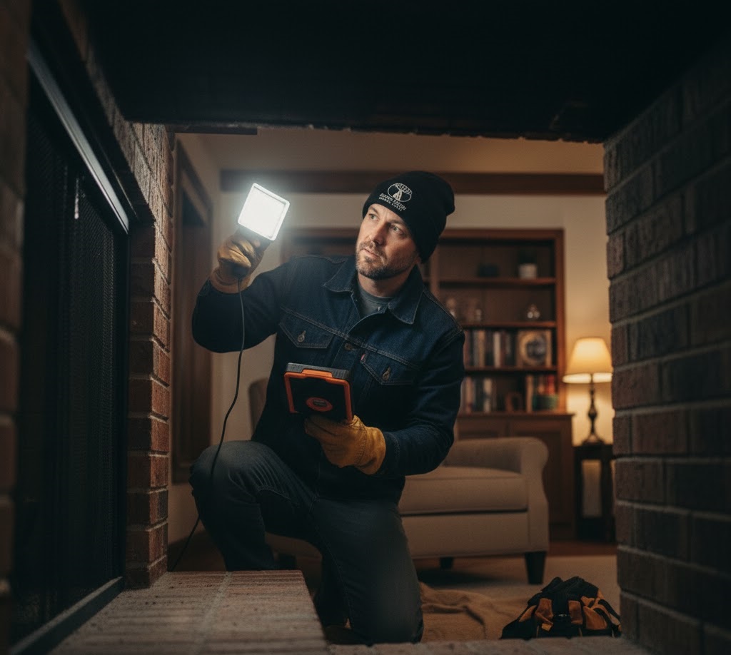 Professional chimney sweep on roof